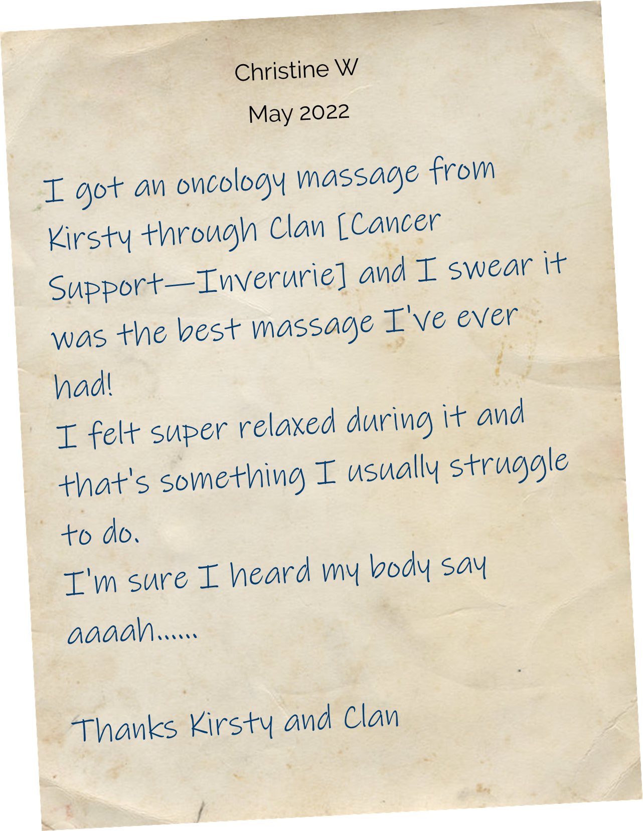 I got an oncology massage from Kirsty through Clan and I swear it was the best massage I've ever had! I felt super relaxed during it and that's something I usually struggle to do. I'm sure I heard my body say aaaah......Thanks Kirsty and Clan
