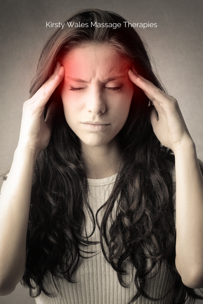 Showing someone with a headache. Pain shown in red across their forehead and temples . Self massage to relieve by rubbing temples.